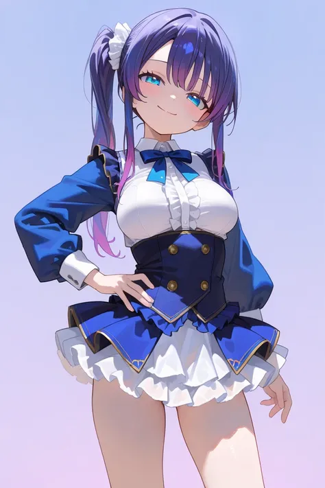 (Best quality, 4k, 8k, high resolution, masterpiece:1.2),1loli girl,delightful,Smile lightly、head tilt,(hand on own hip),(school idol clothes),beautiful,cowboy shot, (),(),Large open legs,,(glowing purple hair:.1.5),deep blue hair,long hair,slim body、side ...