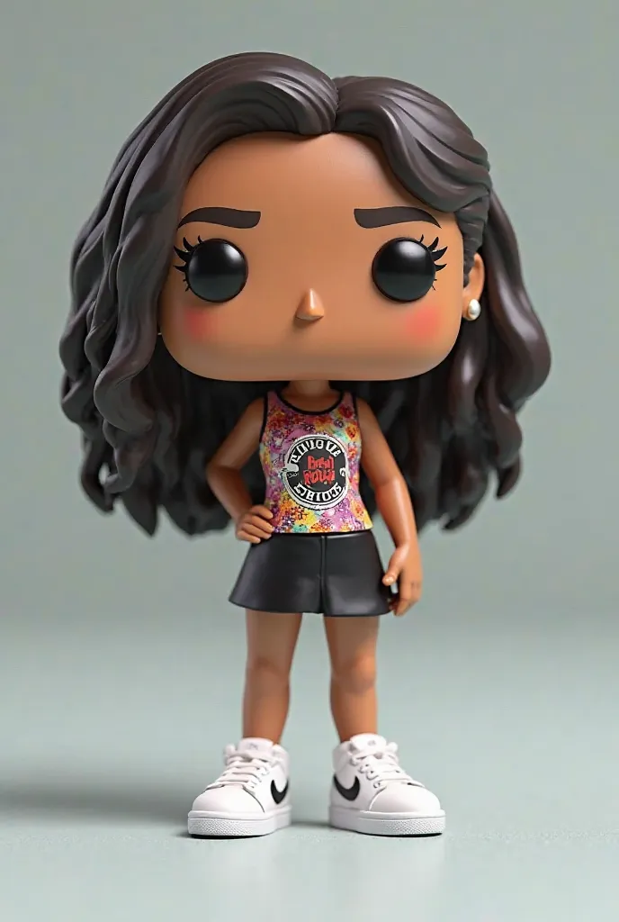 Create a Funco Pop by the name of Lívia with long wavy hair, an outfit with a print written by Rebuliço Rock, a black skirt and a white sneaker from Nike. 