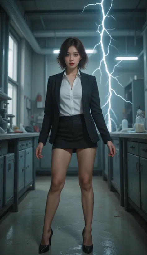  sexy woman ,  bob hairstyle , brown hair, Red glasses, with eyes closed,  dark eyes ,  Red Lipstick , Small chest, Curvy Beauty,  white formal shirt , black skirt, Black dress jacket , black dress shoes , walking in an abandoned lab, Electric shock from b...