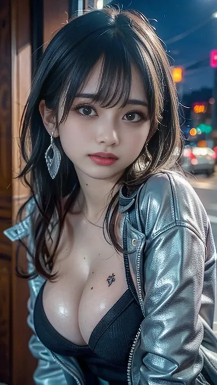 (masterpiece:1.3, photorealistic:1.5, 32K, Highest quality, masterpiece, super high definition), perfect dynamic composition, Professional Camera Work,  movie lights, ( Midnight:1.0), Dense city background, Detailed skin and facial textures:1.3, Cute and s...