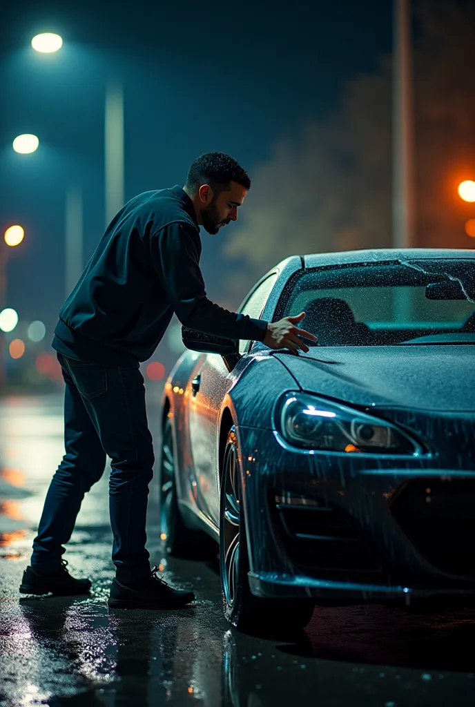 Create a man washing his car with a big focus on the car at night