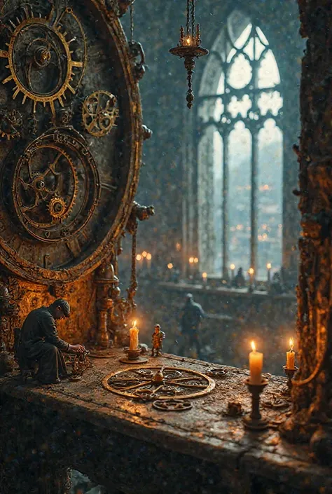 Inside a massive ancient clocktower, tiny watchmakers work on enormous gears, tuning delicate mechanisms and polishing brass cogs. Warm candlelight flickers, reflecting off the intricate machinery, while distant windows reveal a misty town below. Ultra HD,...