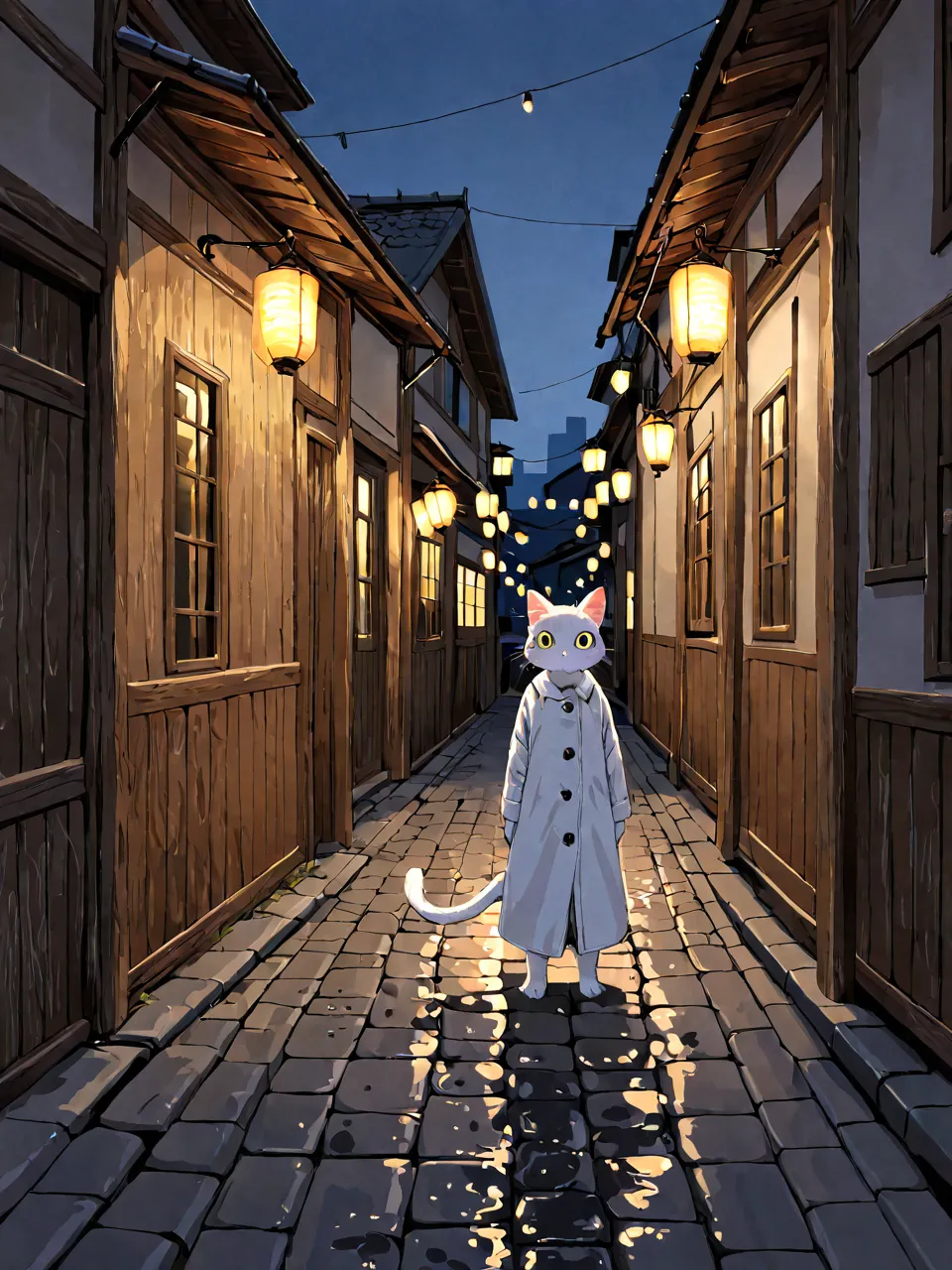 「Inside the Japanese-style cityscape at dusk、A white cat standing on a moist, wet cobblestone street。The fluffy pure white coat shines softly in the warm light of street lights。Big amber-colored eyes are intelligent、I stare quietly at here while feeling a ...