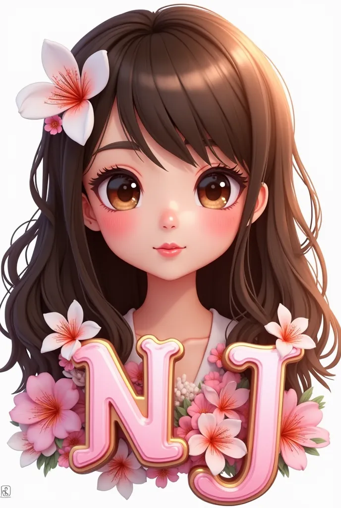 Create a 3D render of a holographic photo realistic in a sticker of a beautiful filipinaa animé girl with dark brown eyes, with long wavy brunette hair with mini flowers. Sweet smile. Below is a 3D name "NJ" written in elegant curvey shinny pink font with ...