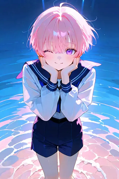 1male, soft pink hair, purple eye, cute, beautiful, short hair, short cut, wink, blush, one man, dynamic pose, dynamic angle, short cut, boy, sailor suit, shorts, water, diving