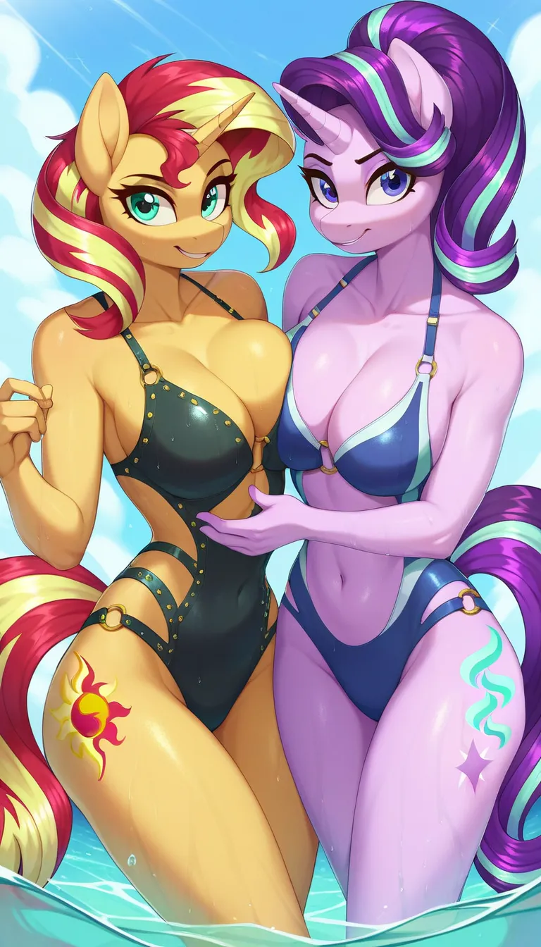 score_9, score_8_up, score_7_up BREAK sunset shimmer, starlight glimmer, anthro unicorn pony, g4, large breasts, looking at viewer, swimsuit, 2 girls, duo