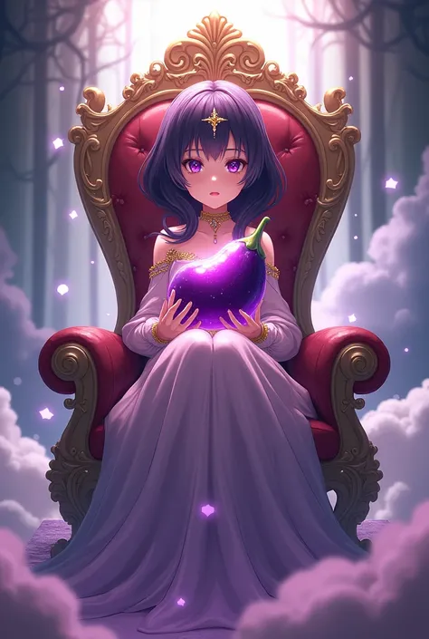 anime girl sitting on a throne holding eggplant in one hand the eggplant is covered in semen
