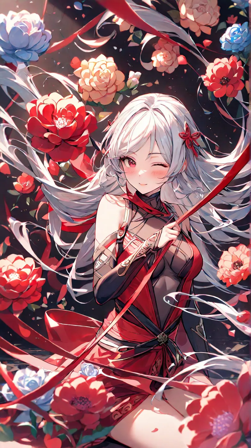  (masterpiece), ( Highest quality ), ( very detailed),(),(illustration), ( 1 girl)  gently staring ,   Scarlet Eyes with Beautiful Details（winks、holding a bow） Delicate beauty,  in a variety of colors (Shine),  focus on your face, bangs,  Floating Flower, ...