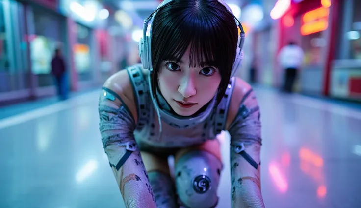   angle from below , Japanese Woman, pretty face, shortcut from elbow to hand, bangs,   black hair, bangs, Blurred background, Blur, The background is a futuristic high-tech amusement room ,  Color Difference, Knee-length,  on the forehead, motion Blur,  p...