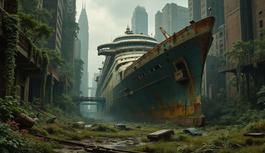 * rusty cruise ship!, covered in moss and showing signs of decay * Intricate details including texturing and modeling in ultra high quality * Rendered scene in 8K resolution with extreme attention to detail / Ruined cities under dark skies, crumbling skysc...