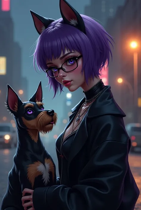 create an avatar of a woman with short purple hair and glasses and piercings and tattoos dressed in black next to her there is to be a jagd terrier dog dog and girl should be at the same height in the background city at night, the dog is to look at the wom...