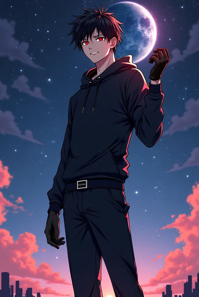 Tall handsome man with black hair with red highlights, black eyes and red pupils with black sweatshirt pants all black belt black sneakers all black underneath white black gloves holding the universe with one hand anime version