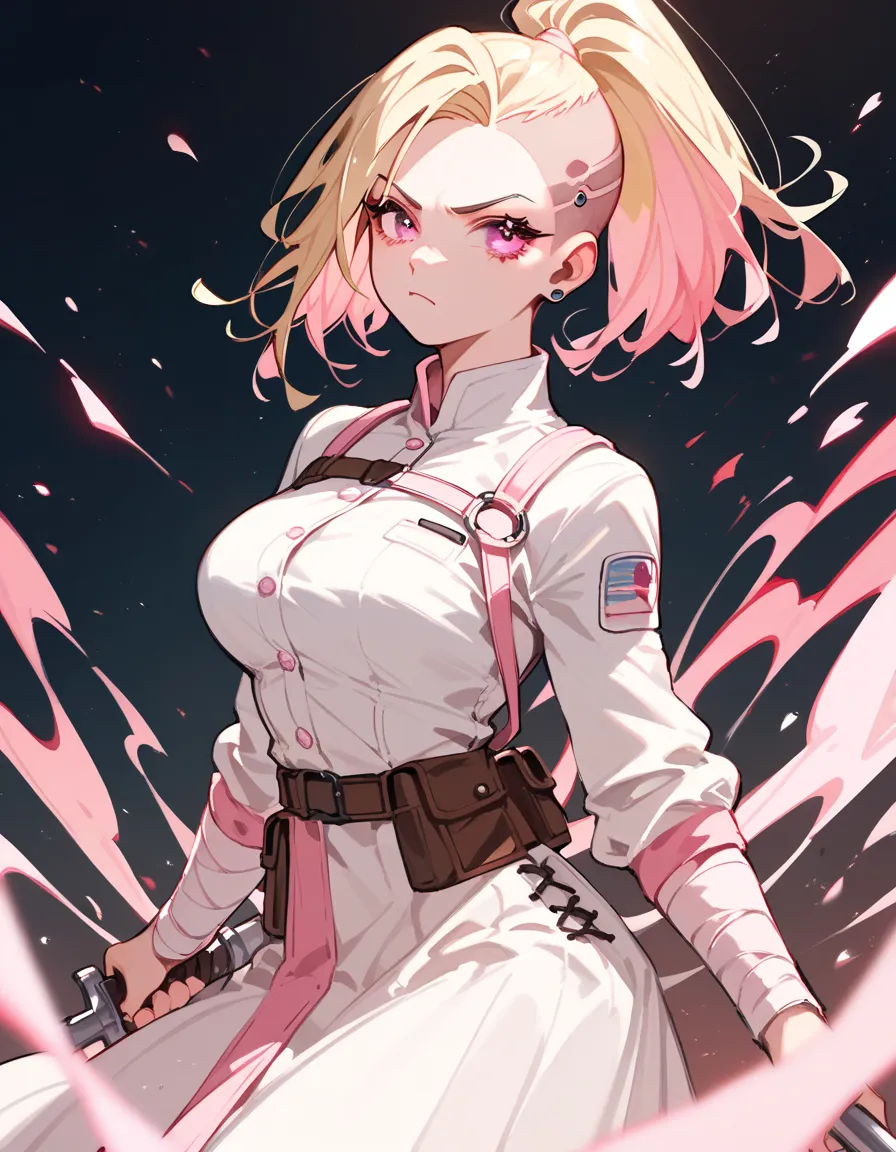 Popular girl ,   blonde hair ,   pastel pink .hair undercut,Bob hair,bob hair,White Long Sleeve Dress, Assassin hunter costume ,Planner,Fierce face,cute looking, In Light Pink Eyes , very long skirt , ponytail,big breasts,