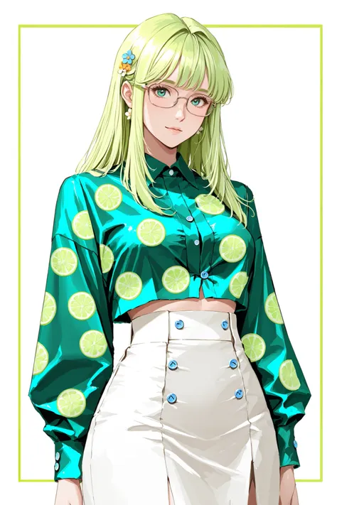 a top influencer woman, cute and intelligent, retro 60's style, fair skin, long green hair with flower clips, glasses, (blue button up crop top transparent lime print sleeves), (white high waist button up skirt), Library background,masterpiece, best qualit...
