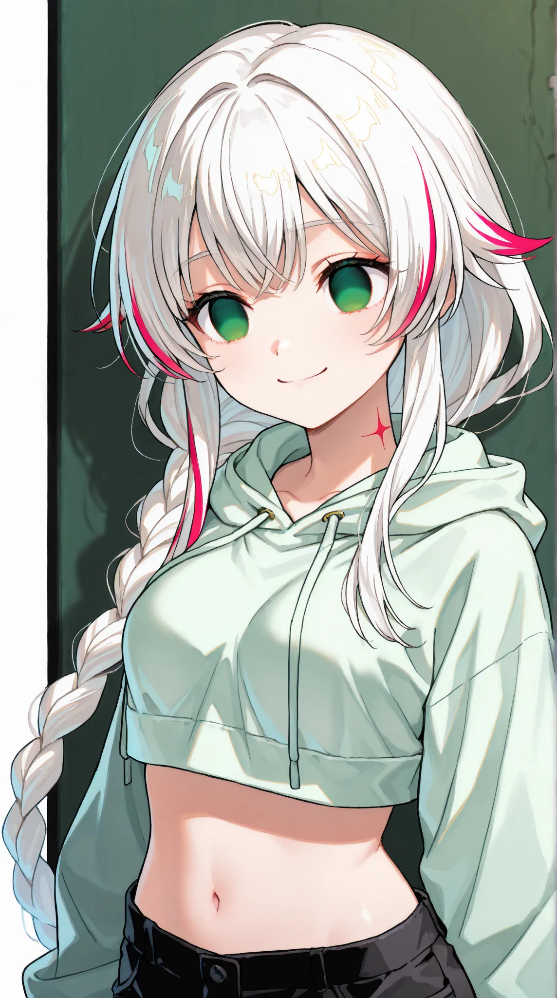 (high quality, ultra-detailed), female, white hair with few red highlights strands, single long braid starts below the neck and all the way down the end of the back knee, solo, emerald eye color both empty eyes, anatomically correct, medium breast, short h...