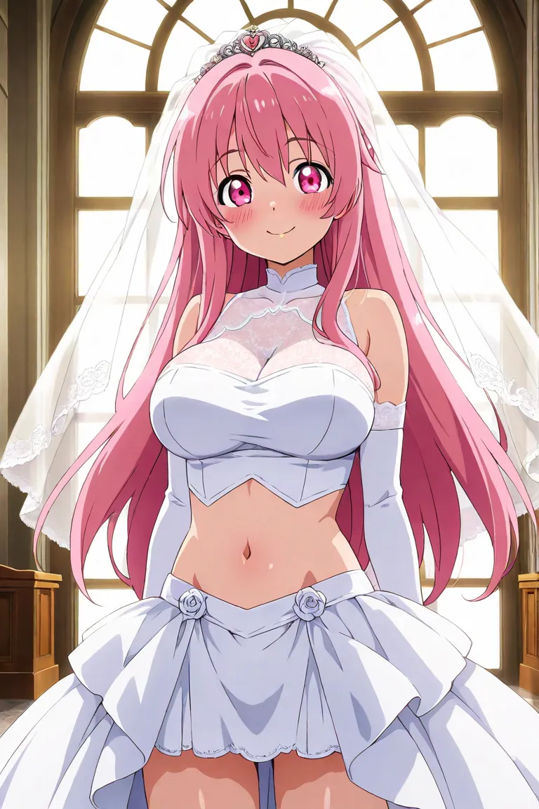 anime screencap, 1girl, solo, looking at viewer, cowboy shot, wedding dress, crop top, midriff, navel, white elbow gloves, wedding veil, pink hair, long hair,pink eyes, large breasts, smile, blush, chapel,