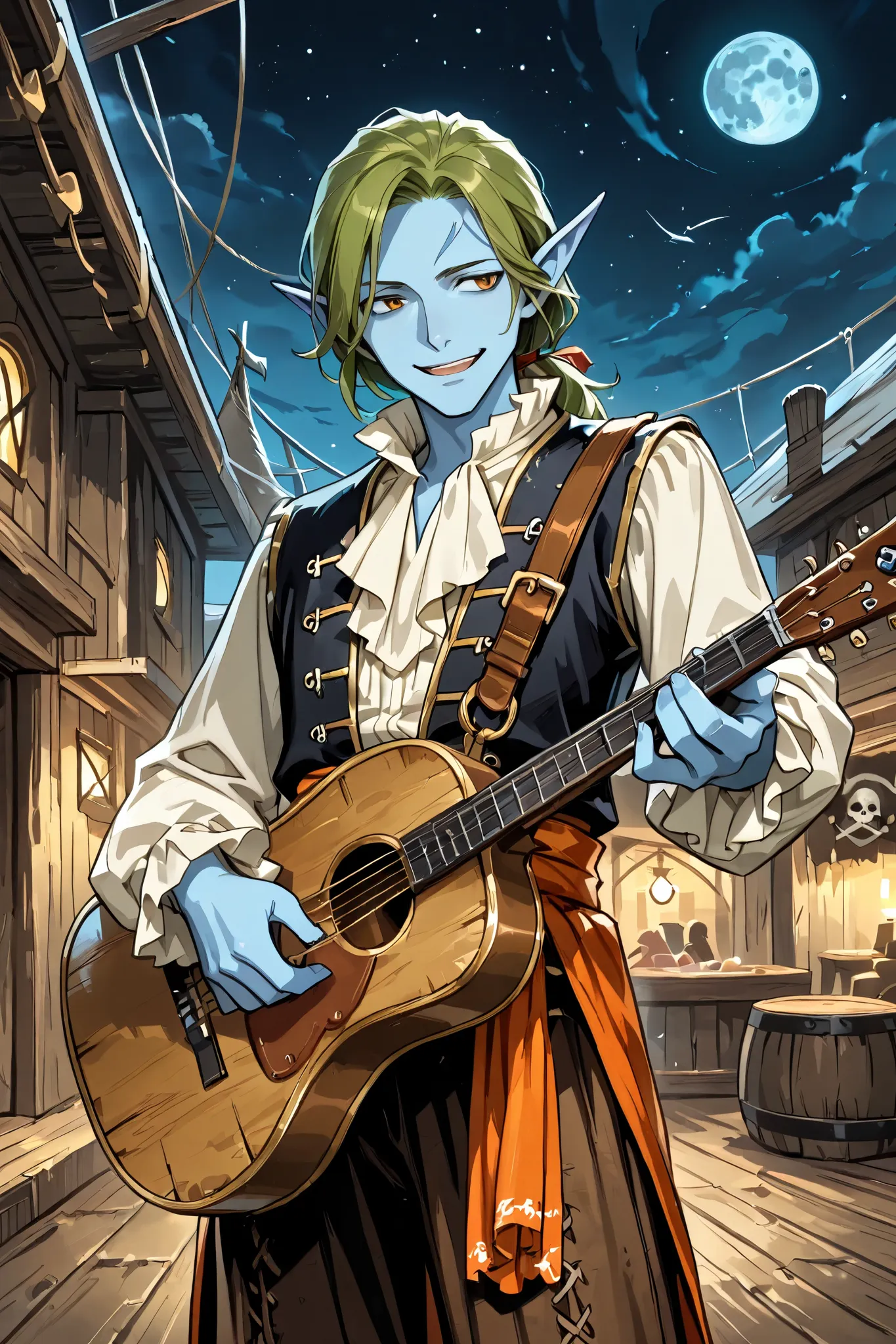 elf, solo, male, blue skin, pointed ears, green hair, (colonial era ruffle shirt, slavic style), black colonial trousers, charming, graceful, smiling, flirting, holding a Spanish guitar , ((performing in a village square near the coast)), night scene,  col...