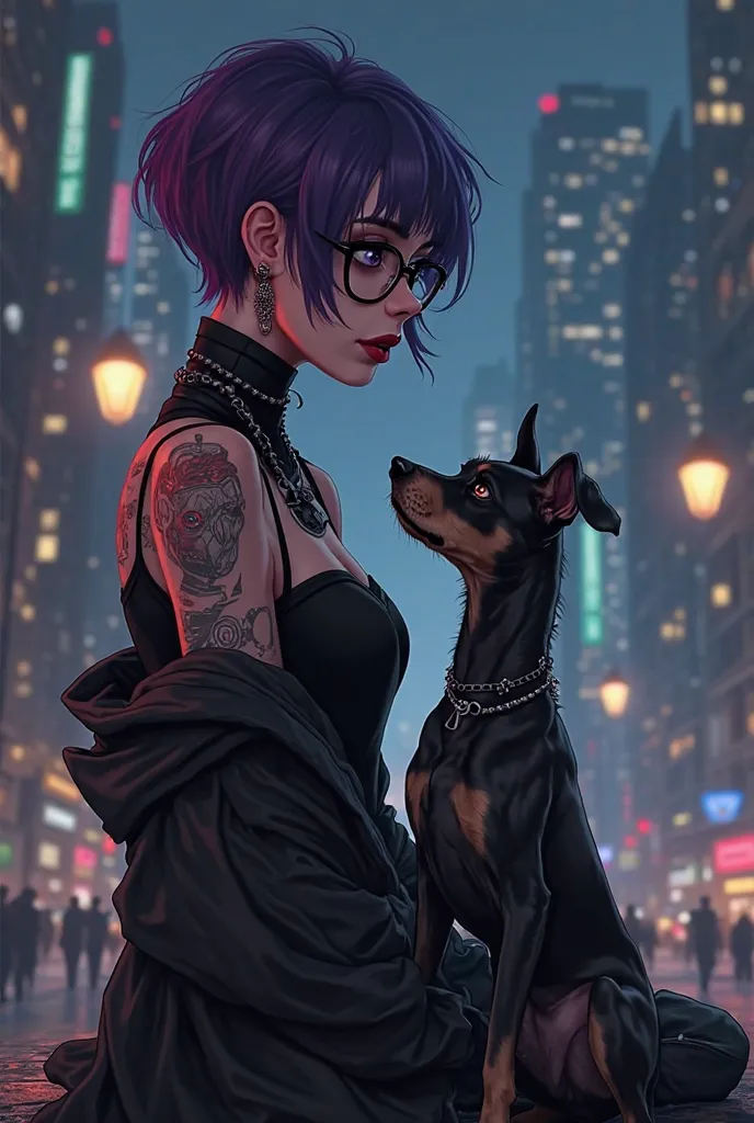 create an avatar of a woman with short purple hair and glasses and piercings and tattoos dressed in black next to her there is to be a jagd terrier dog dog and girl should be at the same height in the background city at night, the dog is to look at the wom...