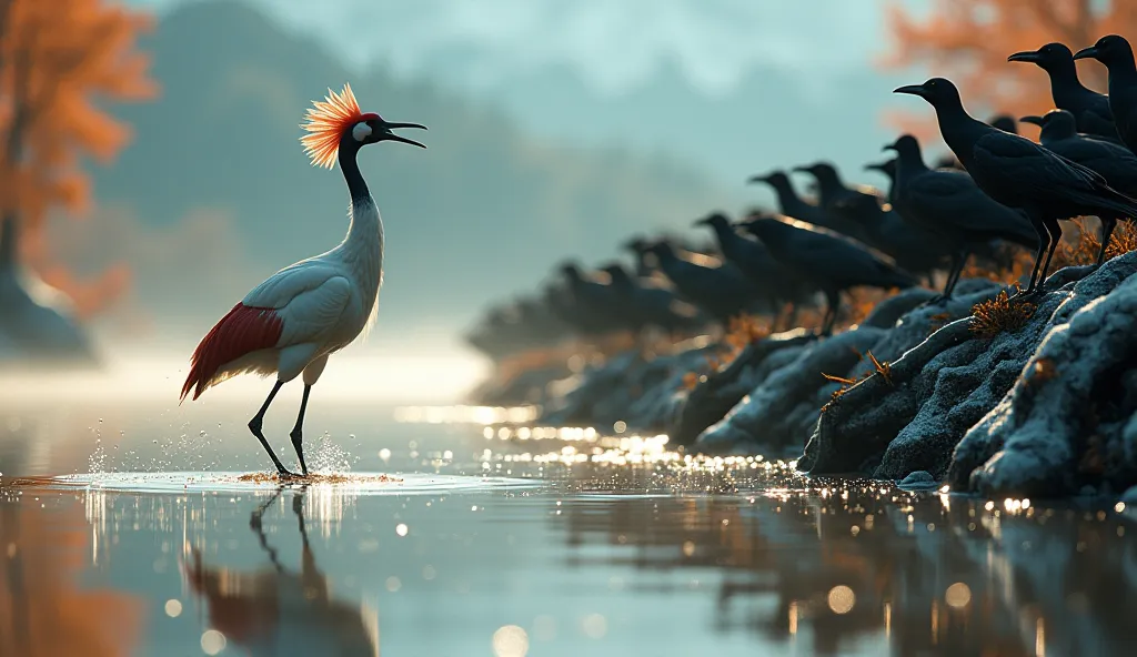 Hyperrealistic photography of autumn wetland, shallow water reflects golden morning light, a red-crowned crane stepping through reeds with droplets splashing from its call, motion blur captured in mid-cry; on the opposite rocky bank, fifty glossy-feathered...