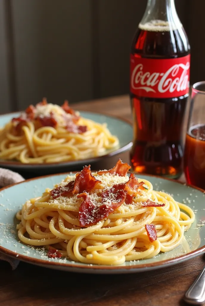 Pasta filled with white sauce, Two plates with these noodles, cheese and bacon and a Coca-Cola 2 liters, A very delicious combo for couples pasta has to be spaghetti 