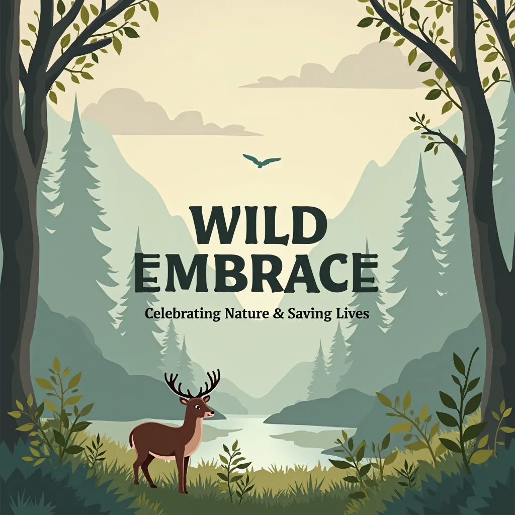 "Design a YouTube banner for 'Wild Embrace' with the following elements:

A serene natural landscape (e.g., forest, river, or meadow) with soft lighting.
Add a subtle animal element in the foreground (e.g., a deer, bird, or cat).
Overlay the channel name '...