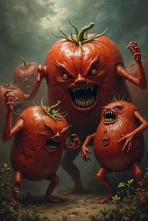 Create an image of angry tomatoes 