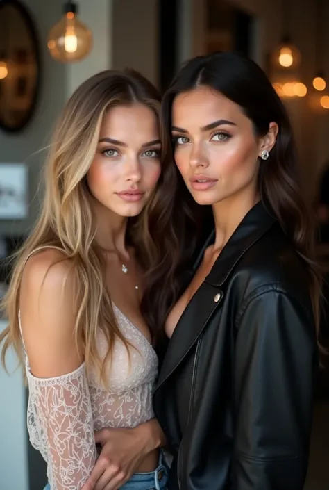 Two stunning young women posing together in an urban, trendy setting. One has long, wavy blonde hair and wears a soft, elegant outfit in pastel or neutral tones, with delicate jewelry and natural makeup. The other has sleek, dark brown hair and wears an ed...