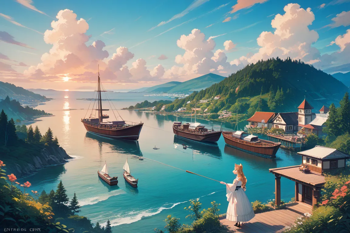 Picture of a sunset scene with boats and houses on the seashore,HIGHLY DETAILED GHIBRIARTS, BEAUTIFUL GIBRIARTS,  Landscape, Ghibli style painting,  beautiful painting with fox ears 、Animals and people are not displayed、Impressive landscapes