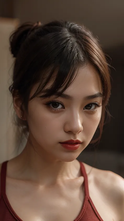 Highly Detailed Beautiful Japanese Girl, Cinematic, Cinematic Light, Realistic, Highly Detailed Face, Highly Detailed, Realistic Appearance, Lifelike, Realistic Girl, Highly Detailed Hair, medium long shot, wearing tanktop, wearing red lipstick, indor