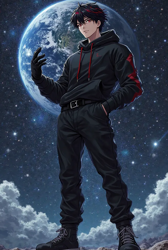 Tall handsome man with black hair with red highlights, black eyes and red pupils with black sweatshirt pants all black belt black sneakers all black underneath white black gloves holding the universe with one hand anime version