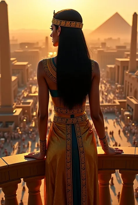 Cleopatra, the powerful Egyptian queen, stands on a grand balcony overlooking her vast empire. Her long, sleek black hair flows down her back, perfectly framing her sharp and enigmatic features. Dressed in a regal golden and deep blue gown adorned with int...