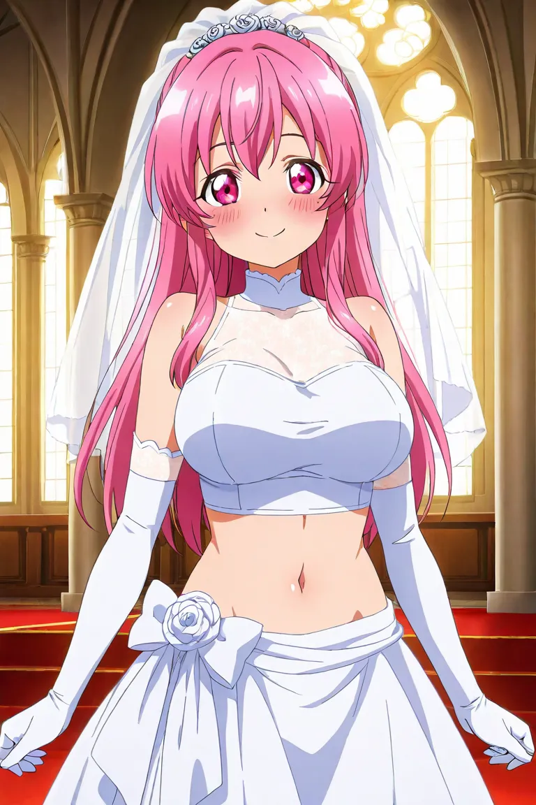 anime screencap, 1girl, solo, looking at viewer, cowboy shot, wedding dress, crop top, midriff, navel, white elbow gloves, wedding veil, pink hair, long hair, tied hair, pink eyes, large breasts, smile, blush, chapel,