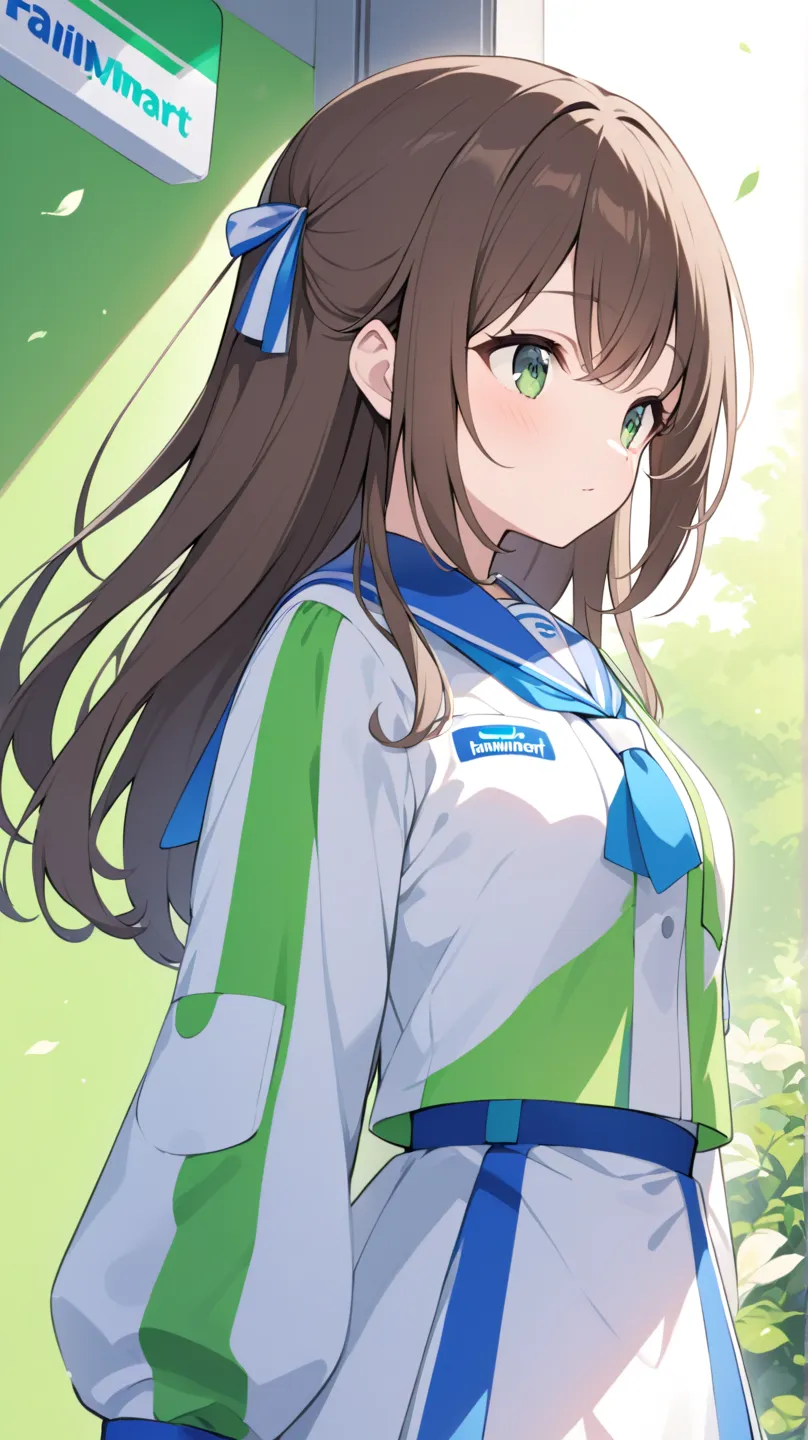 one girl、is facing the front、Combine FamilyMart uniforms with Lawson uniforms、Standing still、green back、hair brown、Light green eyes、Semi-long hairstyle、half up、 no background、background green、