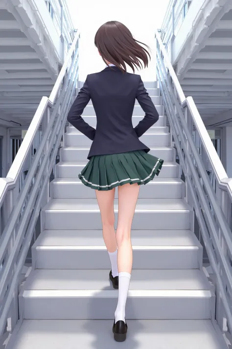 　 best image quality、score_9,  score_8_ up 、masterpiece、 back view、from below、1 Japanese girl、female high school students、uniform、 blazer、(miniskirt:1.3)、wind lift, panties、Thigh Highlighted、loafers、 station stairs、