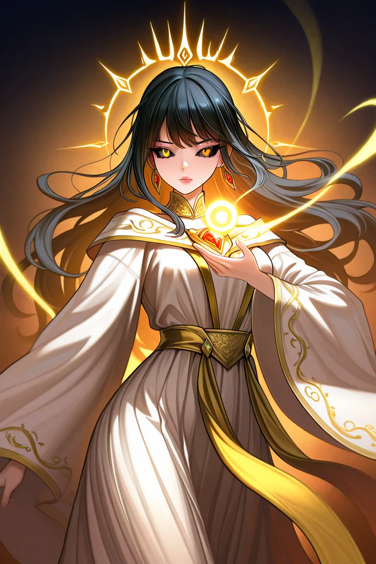 A 16-year-old girl with long, silky black hair flowing down her back in smooth waves, highlighted by vibrant golden yellow streaks that shimmer like the glow of a solar eclipse. The golden streaks seem to catch the light, glowing softly with a radiant, eth...