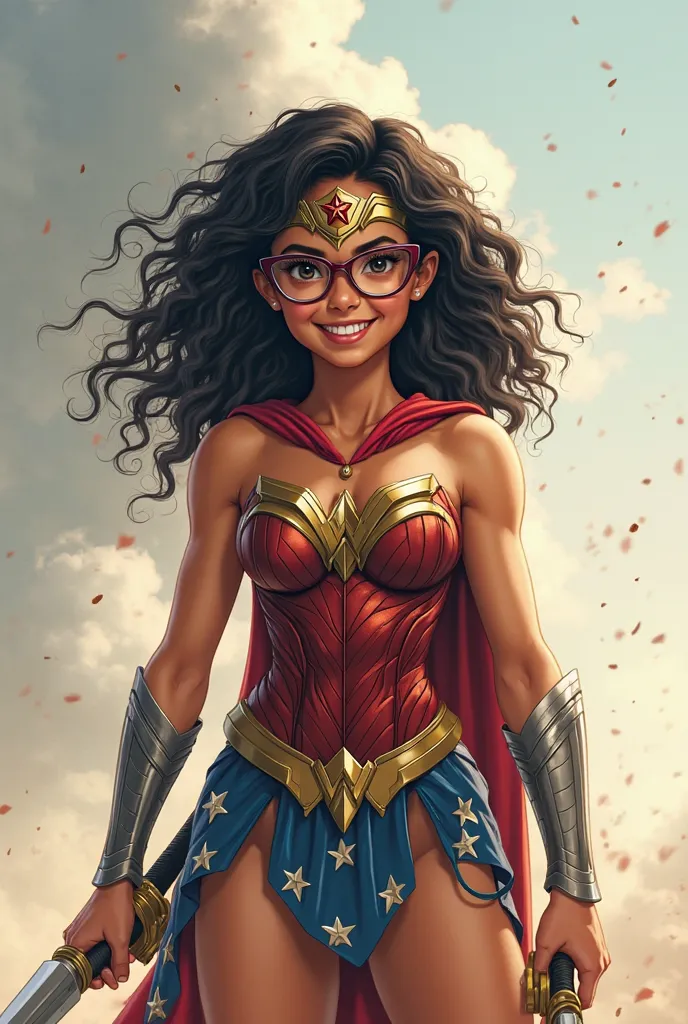 4k, Masterpiece, young latina girl, white skin,  she has a wide smile , wears glasses, her hair is curly in black, She is dressed as Wonder Woman, her pose is triumphant like an Amazon warrior, has a sword