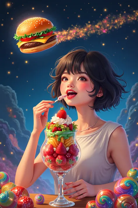 A young Japanese woman in her 20s with short, shaggy black hair is joyfully taking a bite of a jewel-like fruit parfait. The parfait is colorful, highly detailed, and served in a shining glass dish, sparkling like gemstones with layers of fruit and cream, ...