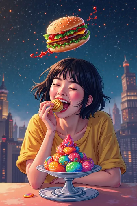 A young Japanese woman in her 20s with short, shaggy black hair is joyfully taking a bite of a jewel-like fruit parfait. The parfait is colorful, highly detailed, and served in a shining glass dish, sparkling like gemstones with layers of fruit and cream, ...