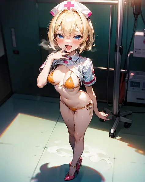 blonde bob hair blue eyed girl、hair between eyes、orange bikini and white nurse shirt、Are you wearing high heels、erotic standing pose in hospital operating room、depth of field、 blushes、、 petite and slender body、 normal breasts 、sweaty skin、rough breathing, ...