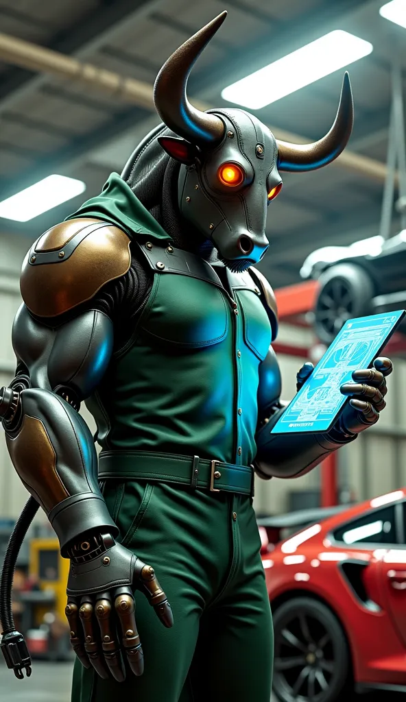 ((Ultra-realistic, cinematic close-up of a Mecha Touro Mecânico, a towering humanoid bull working in a high-tech auto repair shop. His heavily built, cybernetic body is covered in sleek gunmetal plating with deep bronze accents forming natural muscle conto...