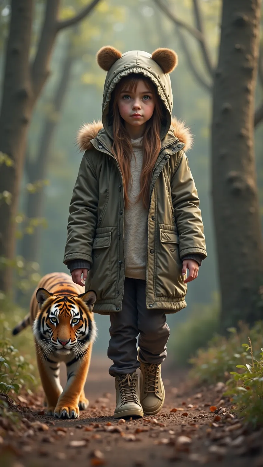 A young girl 16-years-old wearing clothes with a hood that has ears and a young tiger walk in the woods,  high res,  Masterpiece, accurate,  anatomically correct,  has won many awards, 最 high quality,  DETAILS ,  high definition model,  high quality,  very...