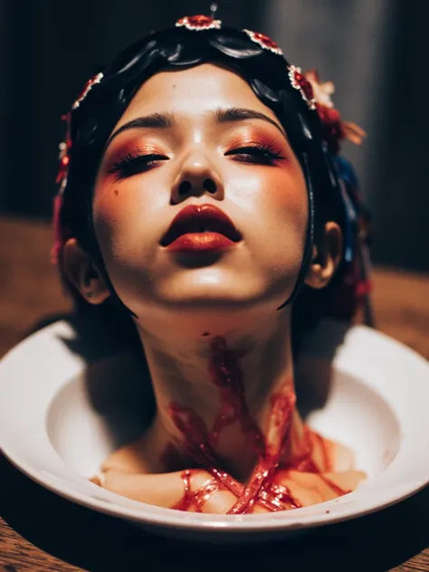   place the head of a decapitated woman , Asia,  Less blood stains   , (( with eyes closed)),   like a dish on a plate  , Bloody,  actual , 4K, Nikon, fear