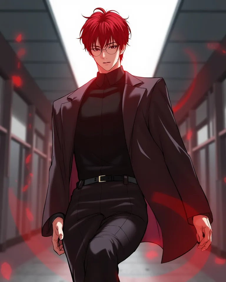 1Nice looking man, short red hair, brown eyes, wearing glasses, good figure, tall, wearing school uniform, cool face, school background, hidden red aura light, red eye aura, high definition, depth of field, best quality,  Standing, Kicking