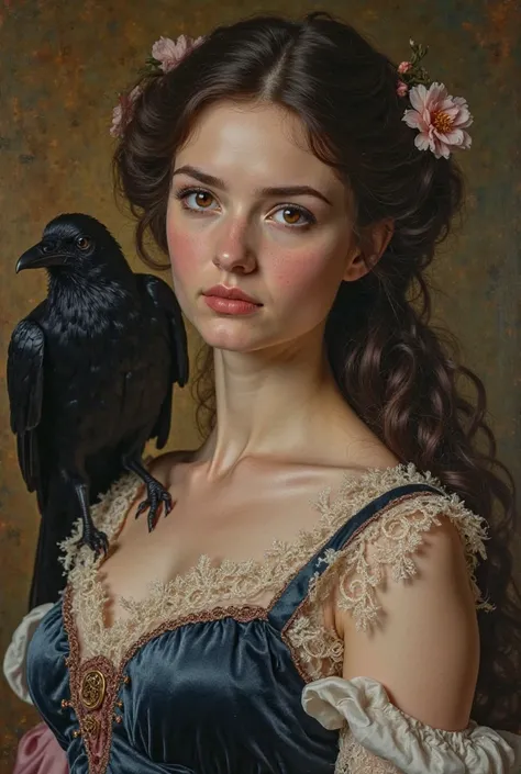 A sumptuous oil painting set in the Victorian era, depicting a captivating young woman in her early twenties, with luscious dark brown hair cascading down her back and warm, deep brown eyes that seem to hold a quiet intensity. She has a crow on her shoulde...