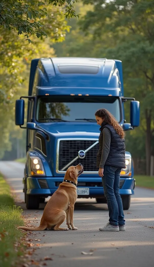 A peaceful outdoor setting along a tree-lined street, where a blue Volvo truck is parked on the side of the road, its headlights turned off and its grille and 'Volvo' logo clearly visible. Nearby, a person wearing a dark vest over a long-sleeved shirt and ...