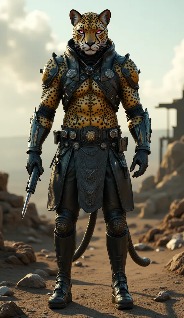 (best quality, 128k,highres,masterpiece:1.2),ultra-detailed,(realistic,photorealistic,photo-realistic:1.37), ((masterpiece)) ((photography)) ((Highest quality)) A hyper-realistic illustration of an anthropomorphic cybernetic leopard warrior standing in a p...