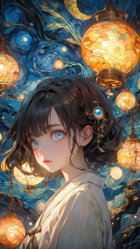 Very realistic 、High Quality Textures { x} Details Beautiful and Delicate Eyes、Hi-Res、Top Quality、 exhaustive、Japanese high school girl drawn by Van Gogh、 Tim Burton Style、