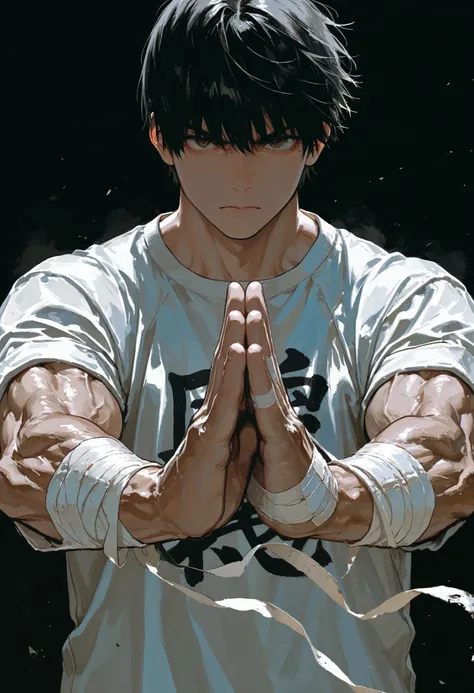 A boy like Amime, muscular,martial arts fighter, from the front,Looking at the viewer,Serious,tightening the bandages on his hands,Masterpiece, t-shirt, very aesthetic, absurdres,tank