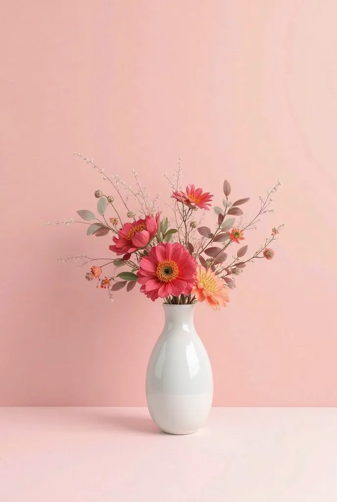 a vase with flowers on a powder pink background