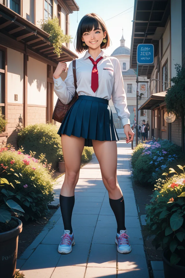 A huge boyish girl is wearing sneakers、Taller than the building、 school uniform、black socks、skirt、tiny boobs、smile